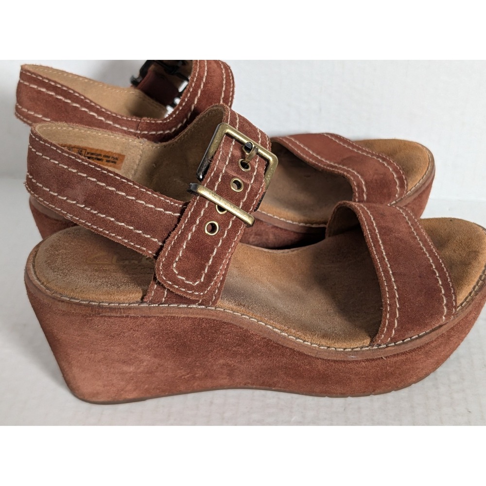 Clarks Women's Brown Leather Suede Wedge Sandals Ankle Strap Buckle Size 6